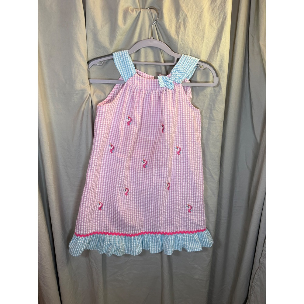 Emily Rose Girls Fuchsia Pink Gingham Unicorn Seersucker Dress Size 6 E964600